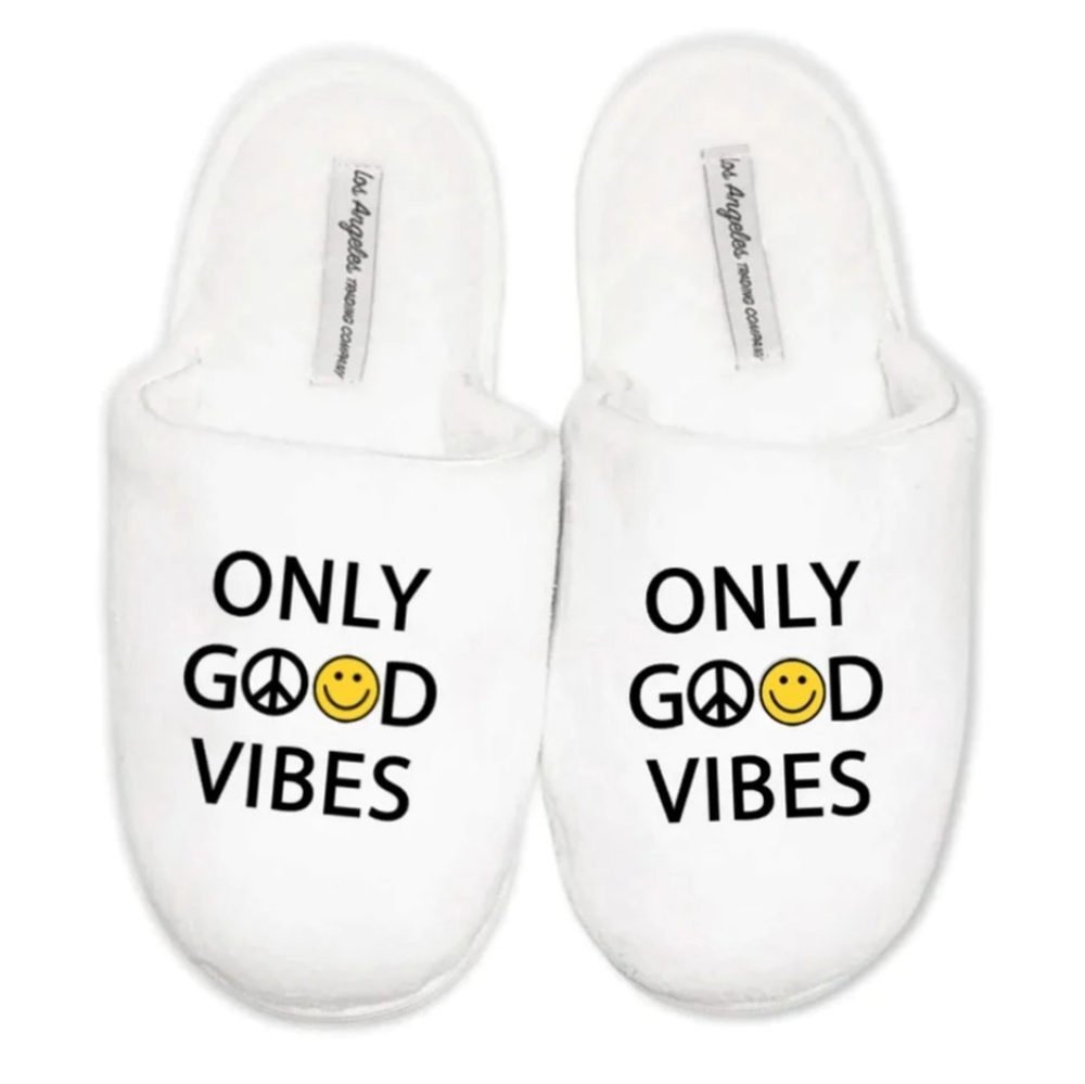 Women's soft, cozy, comfy slippers embroidered with "Only Good Vibes"